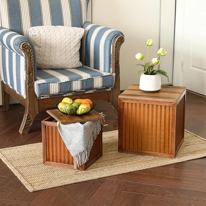 COLLECTIVE HOME - Wood Storage Ottoman, Rustic Storage Stool, 2 Pack Cube Seat Foot Rest Stool, Accent Side Table, Metal Storage Bin for Living Room Furniture, 16"/12" (Wood, Corrugated Metal)