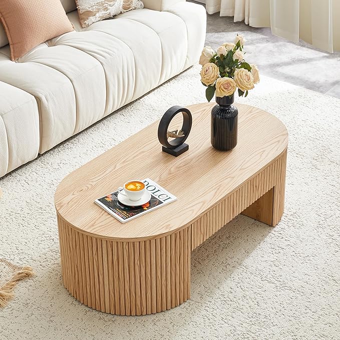 Oval Coffee Table, 47.5" Coffee Table with Storage, Fluted Accent Center Table with Textured Roman Column Patterns, Mid Century Modern Coffee Tables for Living Room, Office, Apartment, Natural
