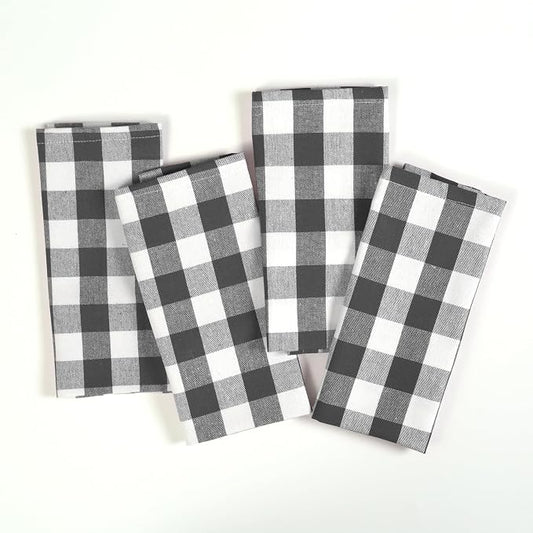 Gingham Check Kitchen Towels, 4 Pack, 16x26 Inches, 100% Cotton - Soft, Highly Absorbent, Quick Drying, Dish Towels for Drying Dishes, Glasswares, Cleaning, Wiping Hands, Grey White