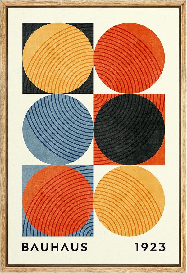 MUDECOR Framed Canvas Print Wall Art Colorful Geometric Circle Bauhaus Collage Abstract Shapes Illustrations Fine Art Mid-Century Modern Multicolor for Living Room, Bedroom, Office - 24"x36" Natural