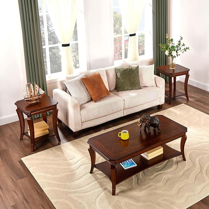 Solid Wood Side Table with Storage Shelf, 2-Tier Square End Tables Living Room, Traditional Style End Table, Vintage Beside Table with Curved Legs and Printed Tabletop, Cherry Walnut Accent Table WD