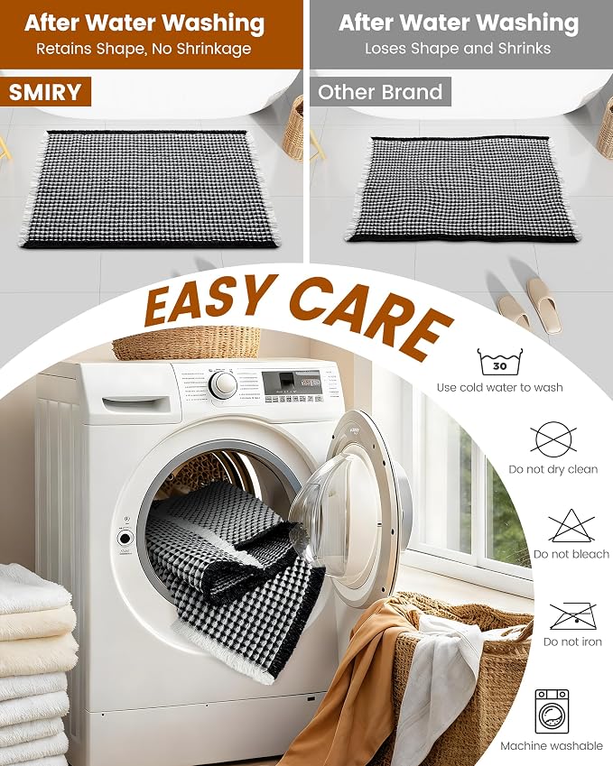 Smiry Waffle Bath Mat 30x20, Extra Soft Absorbent Bathroom Rugs, Non Slip Machine Washable Quick Dry Bath Rugs for Bathroom Floor, Tub, Shower, Home Decor Accessories, Black & Cream