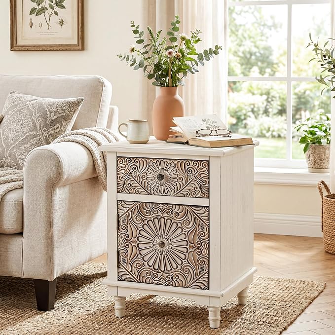 HOMPUS White Nightstand with Drawer & Storage, Fully-Assembled Flower Motif Night Stand for Small Spaces, 2 Drawer End Table with Storage for Living Room, Bedroom, Distress White