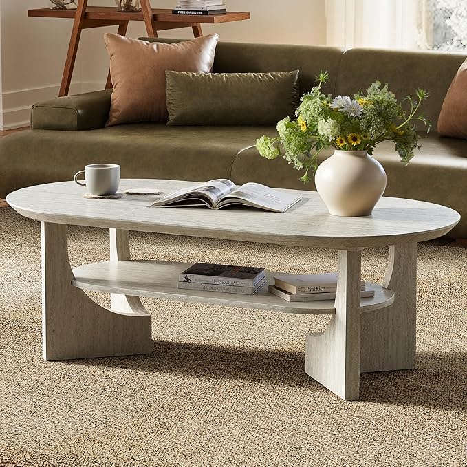Modern Oval Coffee Table, 2 Tier Faux Stone Coffee Table with Storage Shelf & Sturdy Base, 47 Inch Minimalist Wood Center Tea Tables for Living Room, Apartment, Office, Stone Color