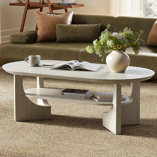Modern Oval Coffee Table, 2 Tier Faux Stone Coffee Table with Storage Shelf & Sturdy Base, 47 Inch Minimalist Wood Center Tea Tables for Living Room, Apartment, Office, Stone Color
