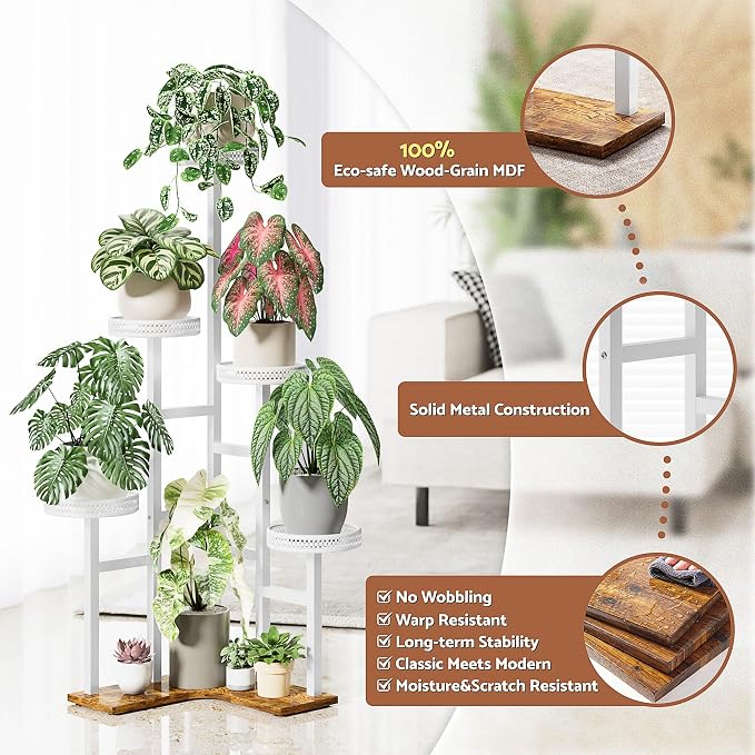6 Tier Plant Stand, Tall Metal Wood Plant Shelf Corner Display Rack, Tiered Flower Pot Stands for Living Room Balcony Garden Patio