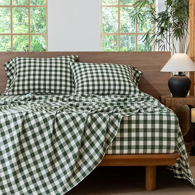 MooMee Gingham Sheet Set 100% Washed Cotton Linen Like Textured Breathable Soft w/Fully Elasticized 16-19" Deep Pocket (Buffalo Plaid Forest Green, Queen)