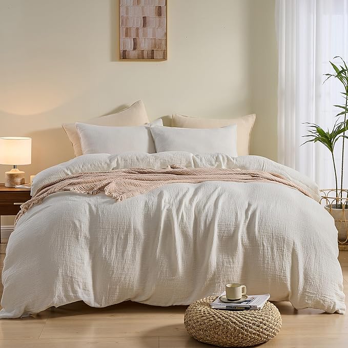 Simple&Opulence Linen Muslin Duvet Cover Set Twin Size, 3Pcs White Linen Cotton 3-Layer Gauze Minimalist Comforter Cover 68”x86”, Ultra Soft Breathable Seersucker Bedding Set with 1 Pillowcase