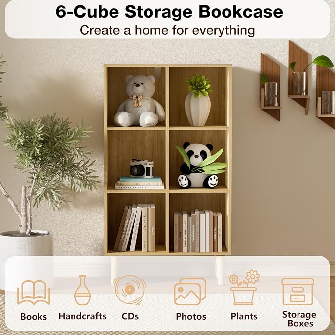 6 Cube Bookcase, Wooden Book Shelf Cube Storage Organizer with Legs, 3 Tier Bookshelf Freestanding Open Shelves for Bedroom, Living Room and Home Office (Oak, 6 Cube Vertical)