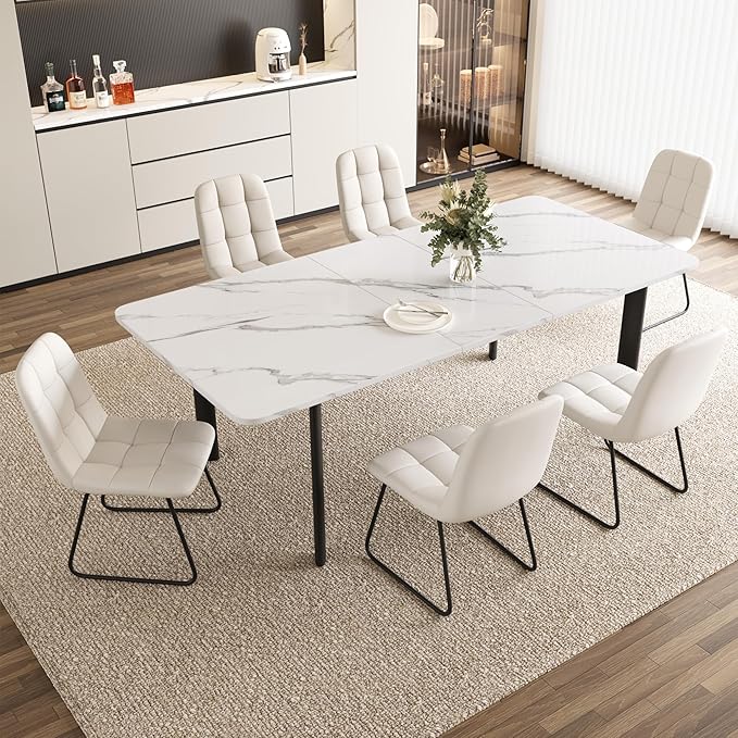 Extendable Dining Table Set for 6-8 People, 63 to 78.7 Inch MDF Kitchen Table with 6 Upholstered Chairs, Space-Saving for Dining Room, Breakfast Nook(White Table & 6 U-Shaped White Chairs)