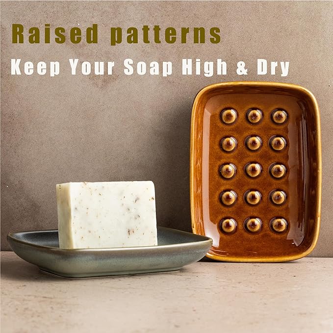 Soap Dish for Shower, Ceramic Bar Soap Holder, Soap Saver Non-Slip, Decorative Sponge Tray for Bathroom Kitchen Sink Bathtub, Multi-Purpose, Raised Pattern - Keep Soap Dry, Brown