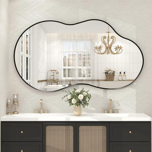60x32 Black Matte Irregular Wall Mirror, Large Black Asymmetrical Bathroom Mirror, Decorative Aluminum Frame for Bathroom Bedroom, Shatterproof, Anti-Rust (Horizontally/Vertically)