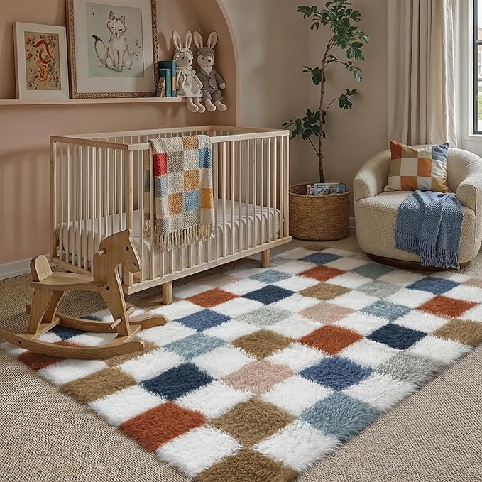 Checkered Rug 3x5 for Living Room, Modern Rainbow Shag Rug Super Soft Washable Indoor Fuzzy Carpet Non-Slip Fluffy Rugs for Bedroom Home Aesthetic Decor