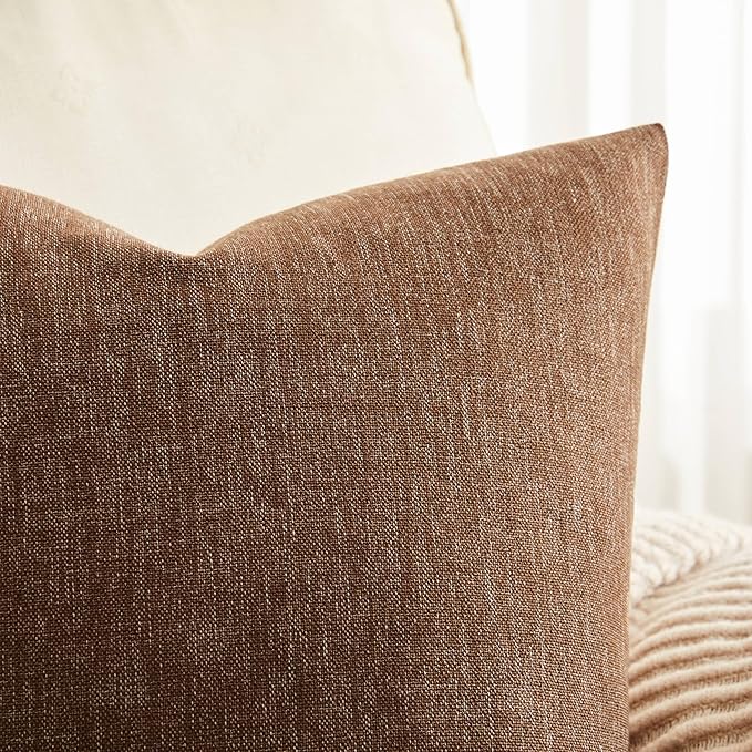 ZeeMart Rustic Cotton Linen Throw Pillow Covers Set of 2, 18x18 Inch Brown, Farmhouse Style Decorative Couch Pillow Cases Cushion Covers for Sofa Bed Living Room Home Decor