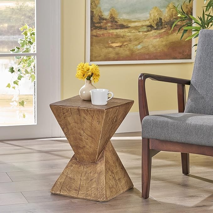 ø12.5'' Square Hourglass Side Table End Table for Living Room, Modern Retro Style, Magnesium Oxide & Light Weight for Indoor & Outdoor, No Assembly, Wood Grain, Natural