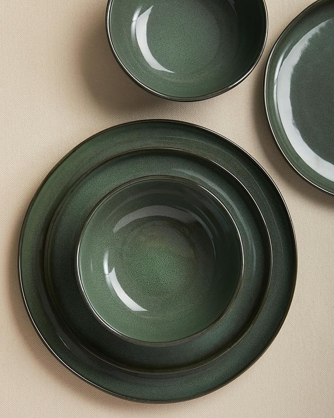 Pokini Plates and Bowls Sets for Family of 6, Ceramic Dinnerware Sets, Kitchen Dish Set, Microwave & Dishwasher Safe Dishware, Highly Durable Reactive Glazed Dinner Set, Forest Green