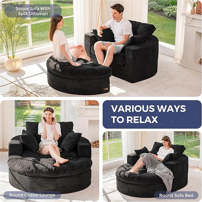 MAXYOYO Oversized Round Chaise Lounge Sofa, Upholstered Lounge Chair with 3 Pillows, Boneless Sofa Couch with Ottoman, Deep Seat Chair for Living Room, Bedroom, No Assembly, Black