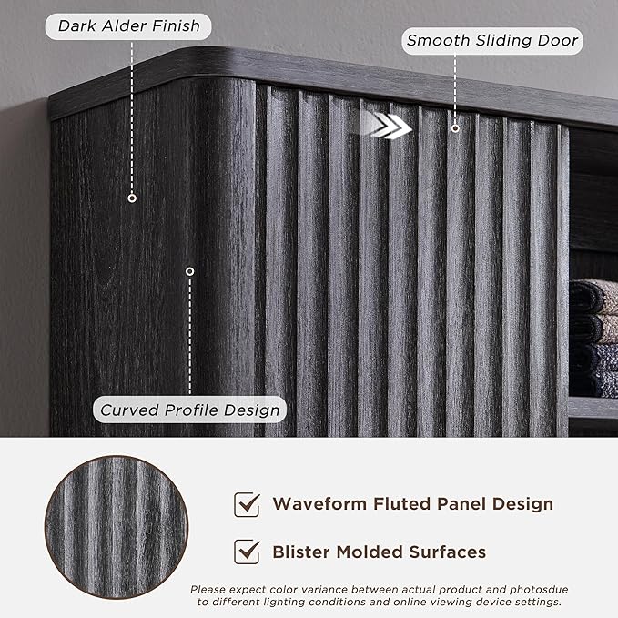 RedLemon Bathroom Wall Cabinet with Fluted Sliding Door, Modern Medicine Cabinet with Adjustable Shelf, Curved Profile Wall Mounted Storage Organizer, Dark Alder