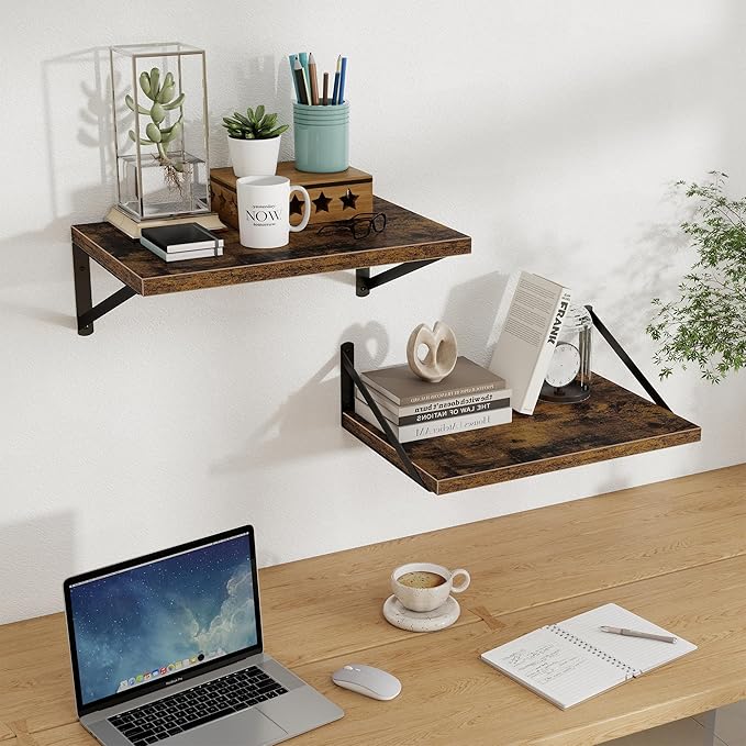 Floating Shelves, 12 Inch Deep Rustic Wood Wall Storage, 16W x 12D Wall Shelves Set of 2, Heavy Duty Metal Brackets, Large Industrial Book Shelf for Living Room, Kitchen, Bedroom, Brown