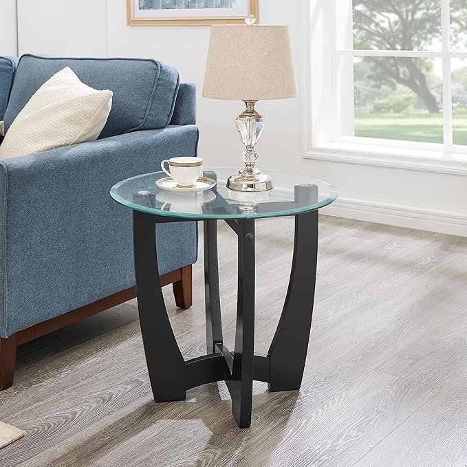 23.5" Round Glass End Table, Modern Side Table with Tempered Glass Top and Black Solid Wood Base, Small Circular Coffee Table for Living Room, Office, Apartment
