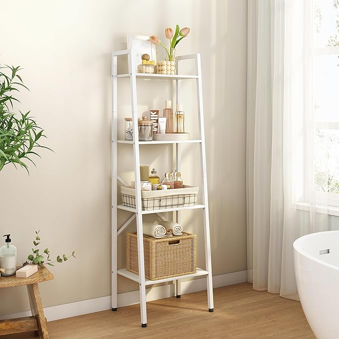 Hoctieon 4-Tier Industrial Ladder Bookshelf, Narrow Ladder Shelf, Tall Standing Bookshelf, Skinny Open Ladder Shelf, for Living Room, Home Office, Kitchen, Bedroom, Metal Frame, White