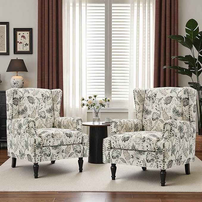 Wingback Chairs Set of 2, High Back Floral Accent Chair in Fabric, Comfy Upholstered Armchair with Nailhead Trim for Living Room, Single Sofa Reading Chair for Small Spaces, Bedroom-Plants Beige