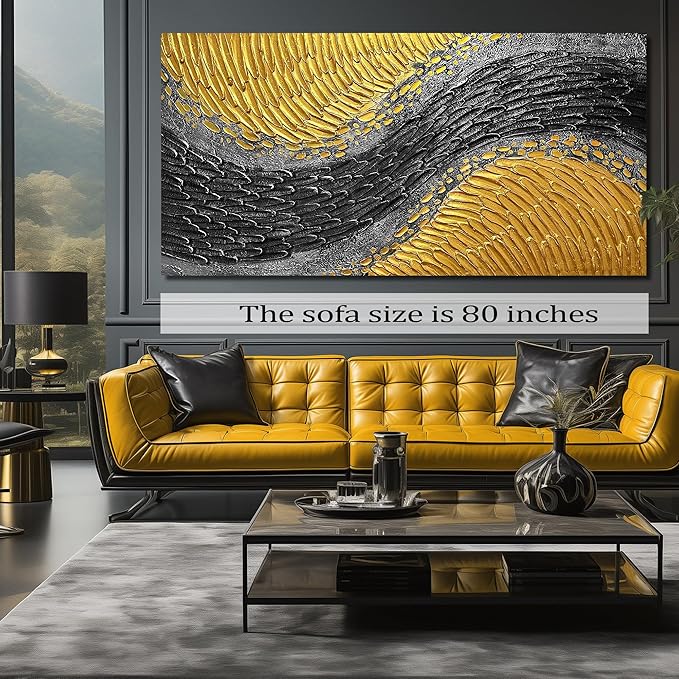 CPKATMT Large Abstract Canvas Wall Art For Living Room Black And Gold Painting Wall Decor For Office 3d Wall Art For Dining Room Size 40 x 80 Inch