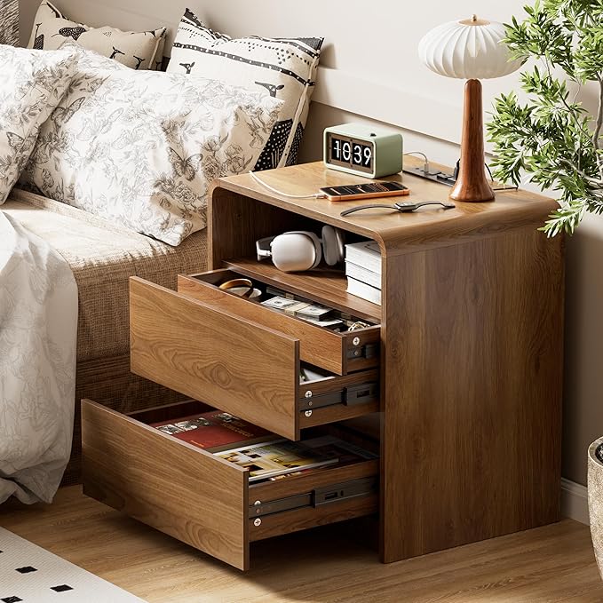Modern Nightstand Set of 2 23.8" Walnut Nightstands with Hidden Drawers Wood Modern Bedside Table Curved Profile Night Stands for Bedrooms Set of 2
