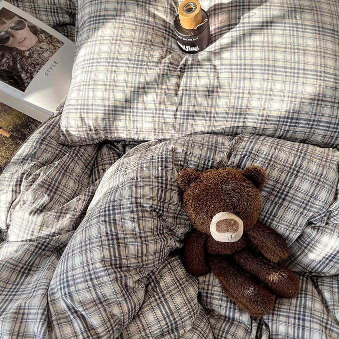 mixinni Full Duvet Cover Set - 3 Piece Vintage Buffalo Plaid Bedding, 100% Washed Cotton Duvet Cover with 2 Pillowcases, Soft & Breathable Navy Beige White Geometric Grid Pattern for All Seasons