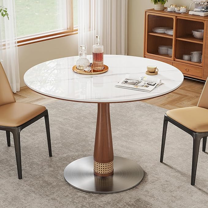 39” Round Dining Table with Solid Wood Base, White Sintered Stone Tabletop, Scratch and Heat Resistant, Modern Marble Table for Kitchen, Dining Room