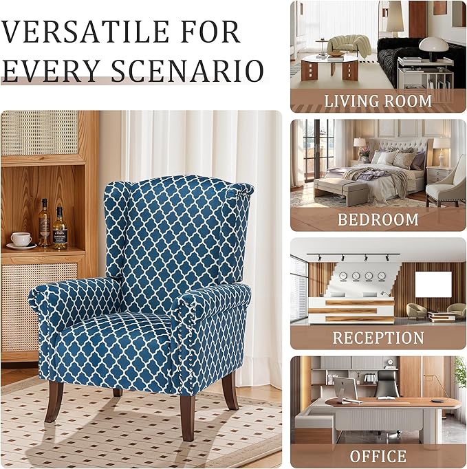 Plaid Accent Chair Set of 2, Mid-Century Modern Wingback Armchair Club Sofa Chair Living Room Chair for Bedroom, Balcony, Lounge (Blue Check)