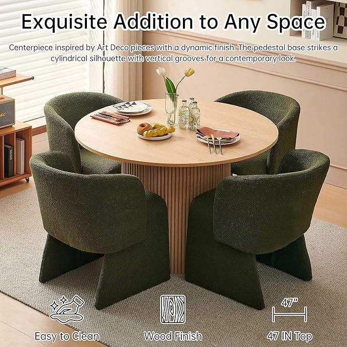NORDICANA 5-Piece Round Dining Table Set for 4, Rustic 47-Inch Kitchen Table and Chair Set, Dining Set with Dark Green Upholstered Armchairs, Manufactured Wood Top with Oak Veneer