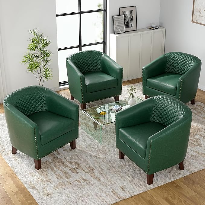 UIXE Faux Leather Barrel Accent Chairs Set of 4, Modern Club Upholstered Arm Chair, Comfy Armchair Nailed Trim Living Room Single Sofa Reading Seat Bedroom Side Sitting for Office, Green