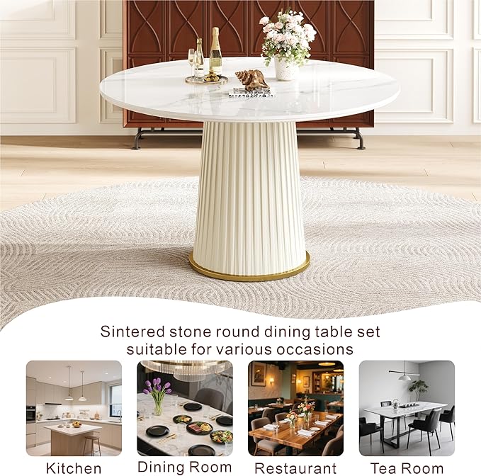 43" Round Dining Table for 2 4 5, Modern Sintered Stone Top Wood Circle Kitchen Table with PU Leather Iron Pedestal for Dining Room Kitchen, Dinner Living Room, Restaurant White