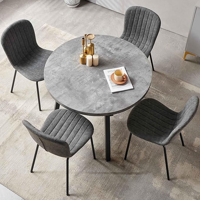 NORDICANA 4-Person Round Dining Table Set, 5 Piece 37.4 Dia Grey Kitchen Table with Dining Chairs, Dark Gray Faux Leather