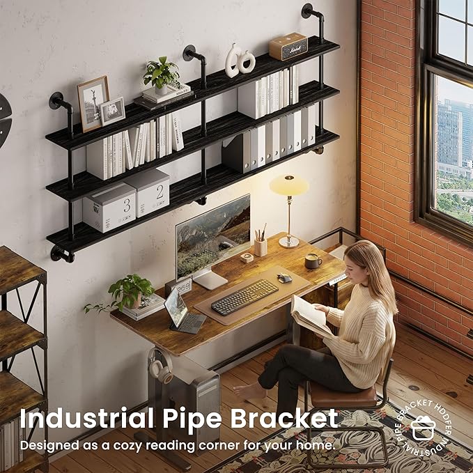 HDDFER Floating Shelves 70 inch Wall Bookshelf Industrial Pipe Shelving Shelves Real Wood Planks Rustic Wall Shelves Hanging Bookshelves Farmhouse Kitchen Bar Shelving