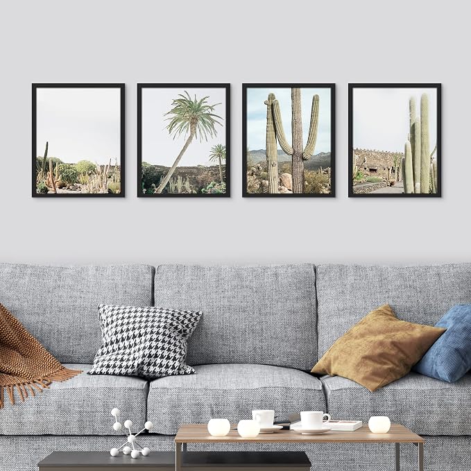 SIGNWIN Framed Tropical Palm Tree Saguaro Cactus Wall Art, Set of 4 Desert Landscape Wall Decor Prints, Nature Wilderness Wall Décor for Living Room, Bedroom - 12"x16" Black