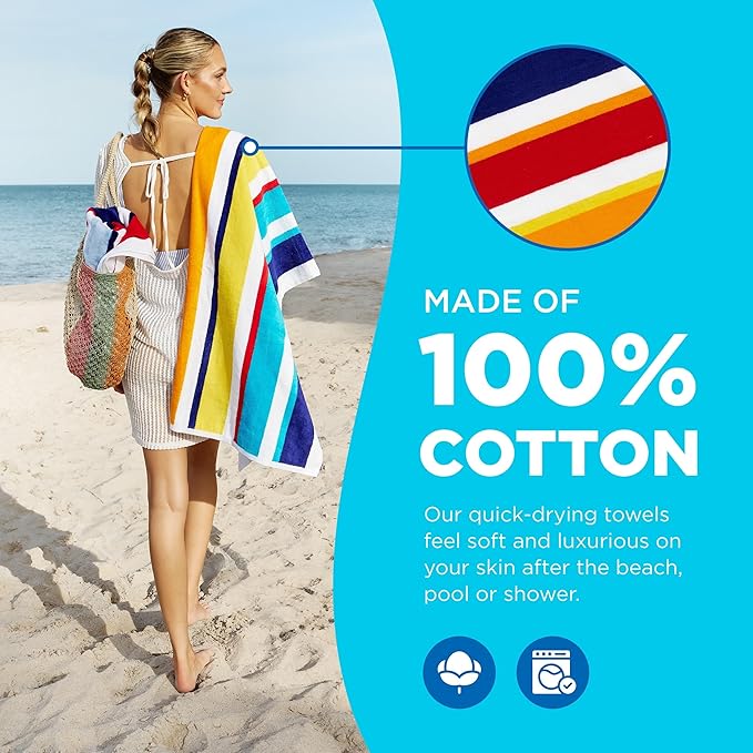 Kaufman - Joey Velour Colored Classic Multi-Color Stripe Beach & Pool Towel - Large 100% Combed Cotton Beach Towel - Soft & Absorbent Colorful Towels - 30" x 60" - 4 Pack