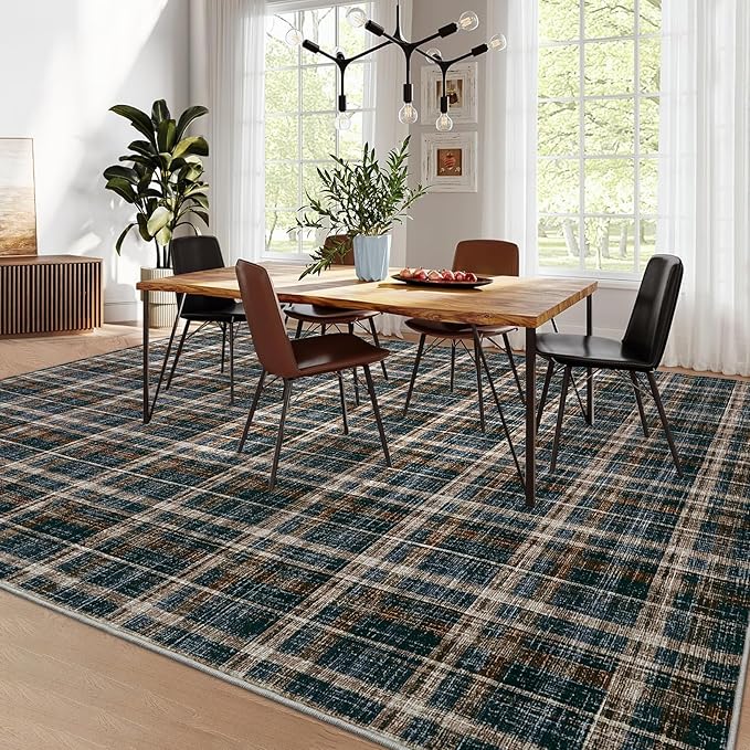 9x12 Area Rug Washable Rugs for Bedroom Large Living Room Rug Non Slip Farmhouse Stain Resistant Floor Carpet for Dining Room Home Office Decor, Black&Brown