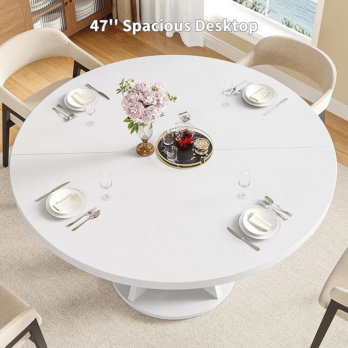 iPormis 47-Inch Round Dining Table for 4-6 People, Circle Dinner Table with Wooden Legs and A Stable Round Pedestal Base, Space Saving Wooden Kitchen and Dining Room Table, White (Table Only)
