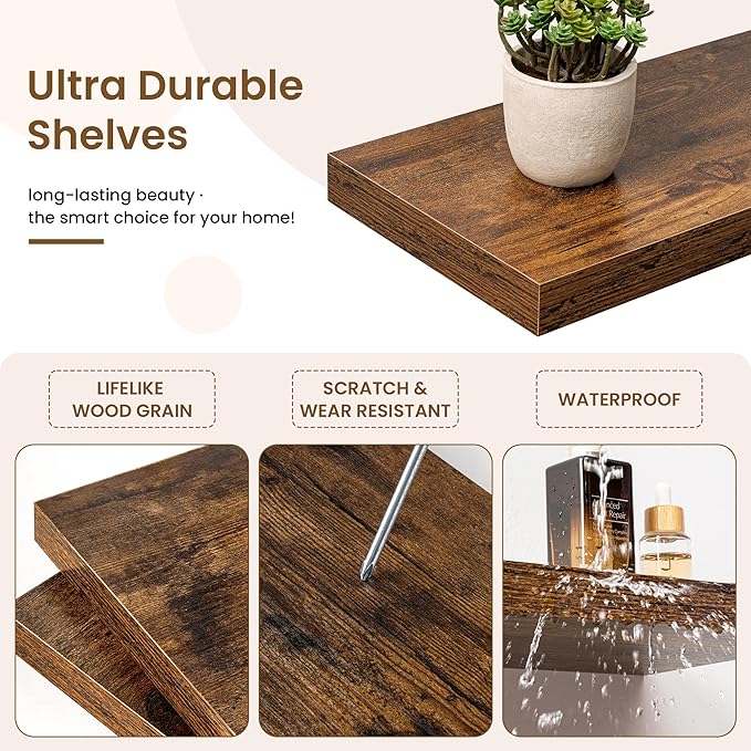 Square Floating Shelves for Wall, 12"W x 12"D x 1.5"H, 3 Pack Small Wall Mounted Engineered Wood Shelves with Invisible Brackets for Living Room, Bedroom, Bathroom, Kitchen Decor, Rustic Brown