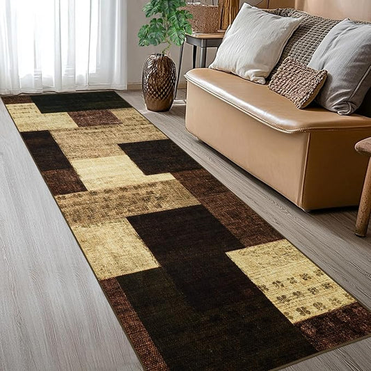 Modern Geometric Patchwork Indoor Runner Rug for Living Room, Warm Taupe 2.7'x 10' Rug Rockwood Collection Hardwood Floors Decor for Bedroom, Taupe Throw Carpet for Office Entryway Dining Room