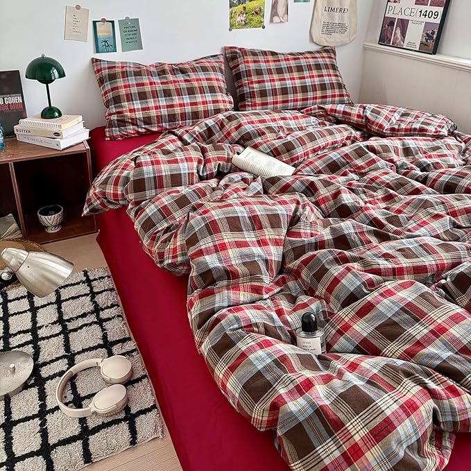 mixinni Vintage Red & Brown Buffalo Plaid Duvet Cover Set Full Size - 3 Piece Washed Cotton Bedding Set with Classic Checkered Pattern, Cozy Farmhouse Duvet Cover with Pillowcases for All Seasons