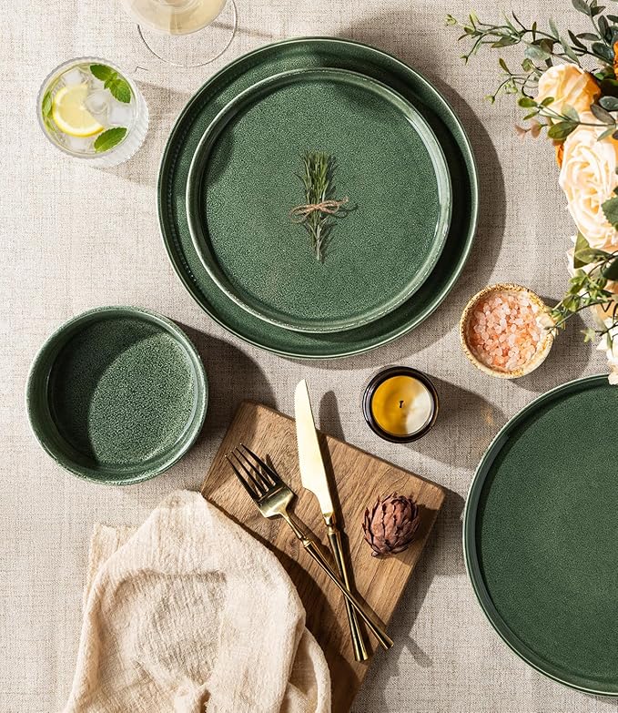 GBHOME 18-Piece Stoneware Dinnerware Set for 6 – Ribbed Ceramic Plates and Bowls, Scratch-Resistant, Microwave & Dishwasher Safe, Reactive Glaze, Dark Green