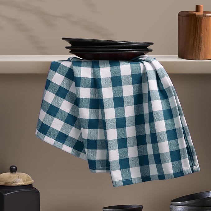 Gingham Check Kitchen Towels, 4 Pack, 16x26 Inches, 100% Cotton - Highly Absorbent, Fast Drying, Dish Towels for Drying Dishes, Hand Cleaning Towels with Hanging Loop, Teal and White