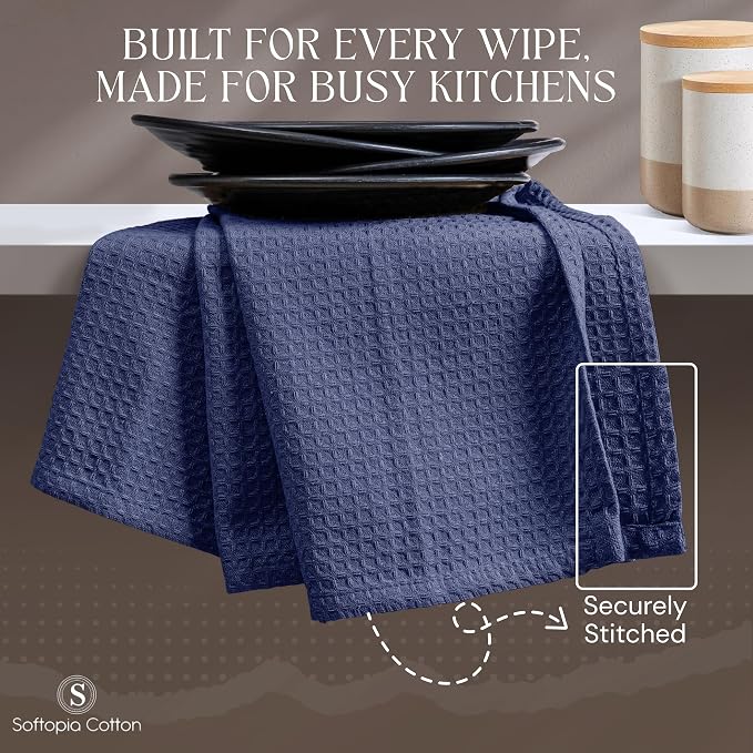 Waffle Weave Dish Towels 12 Pack, 16x26 Inches, Quick Dry Towels for Kitchen, Reusable, Absorbent Wash Cloths Set, Washable Fabric, Heavy Duty for Daily Use - Indigo Blue