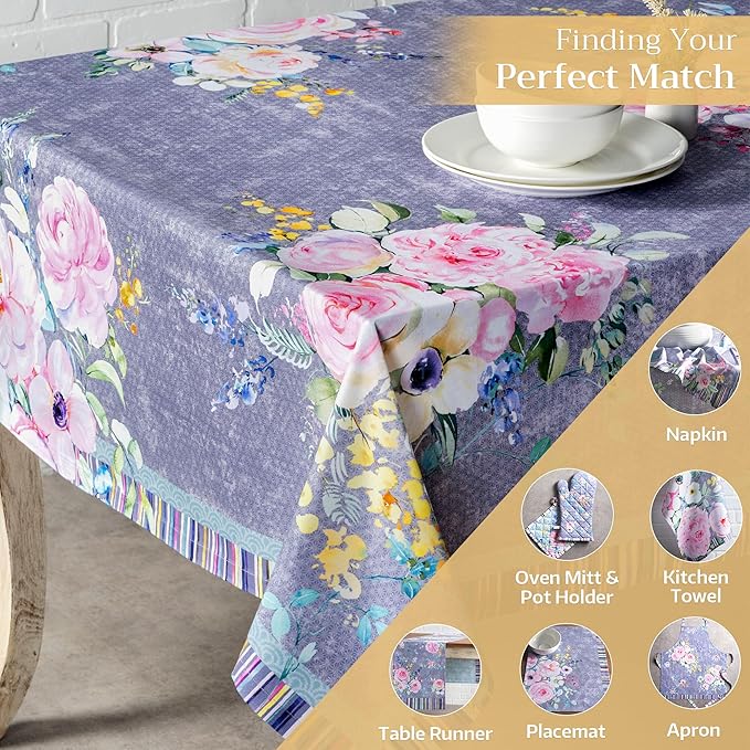 Maison d' Hermine Table Cloth Rectangle Table 100% Cotton 60 x 120 Inches Tablecloth Reusable Decorative for Dining Room Farmhouse Valentines Day Decorations Spring Summer - Sweet Rose Lavender - Lush