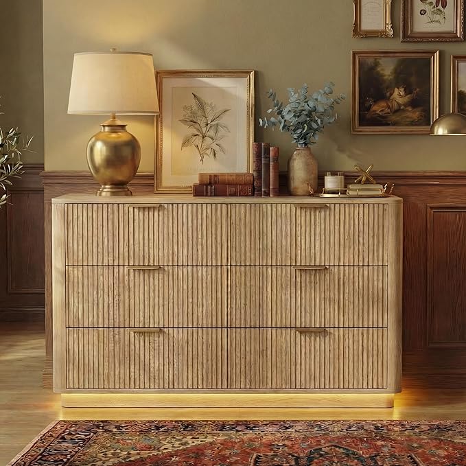 Fluted Dresser for Bedroom with 6 Drawers, 54" Wide Modern Chest of Drawers with Lighting, Wooden Dresser TV Stand with Curved Edges, Closet Organizer for Living Room, Hallway,Natural