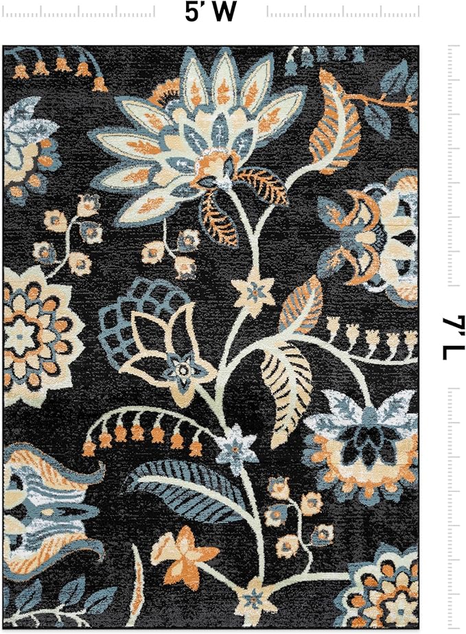 Rugshop Black Floral Area Rug 5x7 – Colorful Botanical Indoor Carpet for Living Room, Bedroom, or Dining Room – Soft Low-Pile, Non-Shedding Traditional Rug 5' x 7'