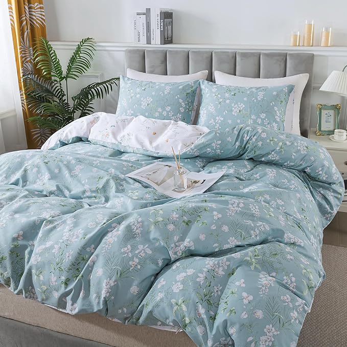 HoneiLife Wildflower Duvet Cover Queen - 100% Cotton Comforter Cover Sets, Floral Duvet Cover Sets 3-PC, Floral Bedlinen Set with Zipper Closure & Corner Ties